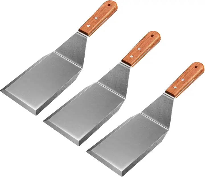 3-Pack Stainless Steel Griddle Spatulas with Wooden Handles — Smash Turner Set